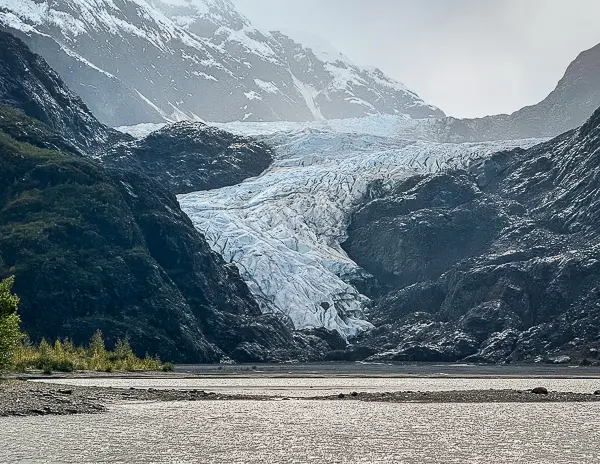 Close view / zoomed in view of Davidson Glacier from the shoreline during the Glacier Point tour