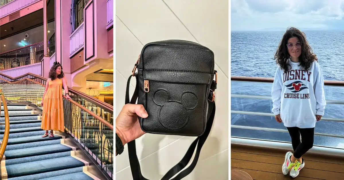 Disney cruise outfit ideas featuring a Belle-inspired dress, Disney crossbody bag, and Disney Cruise Line sweatshirt outfit on the ship