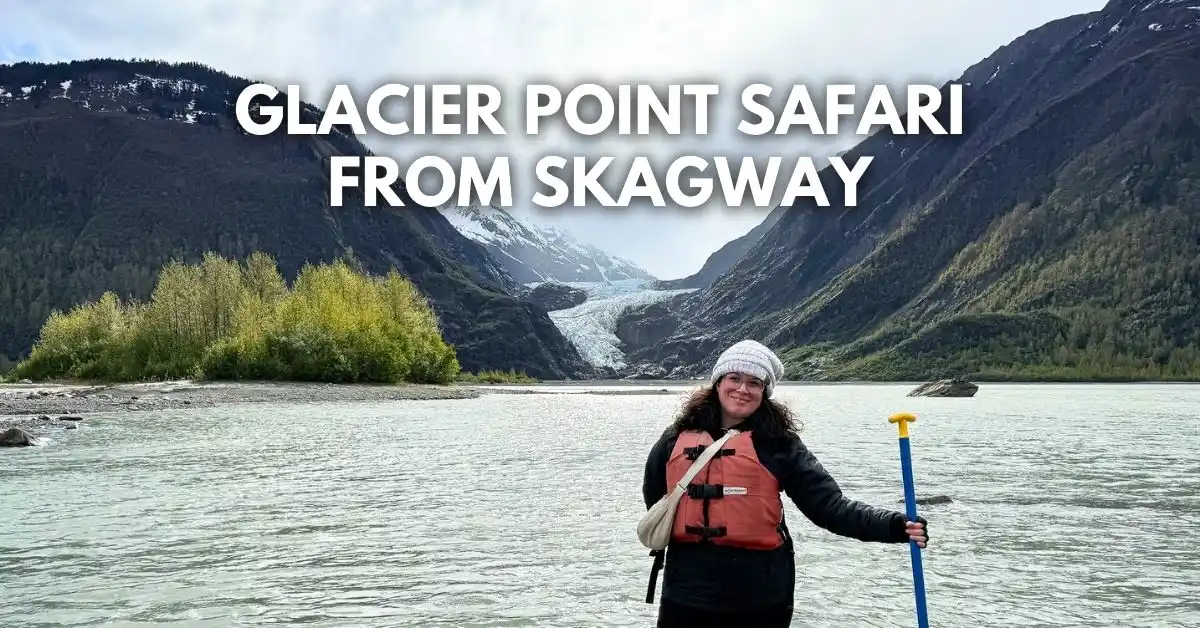 featured blog image: Kathy wearing a life vest and holding a paddle near Davidson Glacier with the text “Glacier Point Safari from Skagway.”