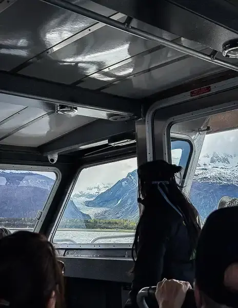 Glacier seen through the boat window during the ride out of Skagway.