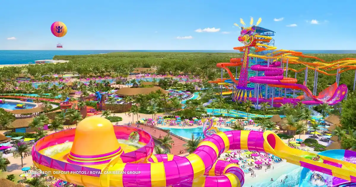 Rendering of Royal Caribbean’s planned Perfect Day Mexico destination near Costa Maya, showing colorful waterslides, pools, and beach areas.
