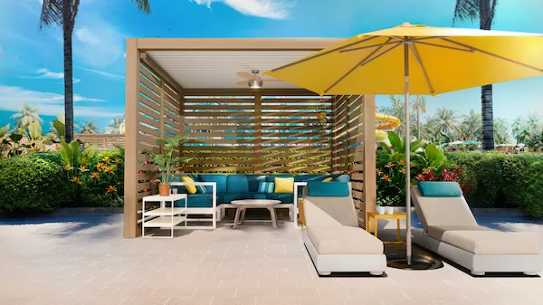 Rendering from Norwegian Cruise Line showing a private cabana at Great Tides Waterpark on Great Stirrup Cay with lounge chairs, shaded seating, and tropical landscaping.