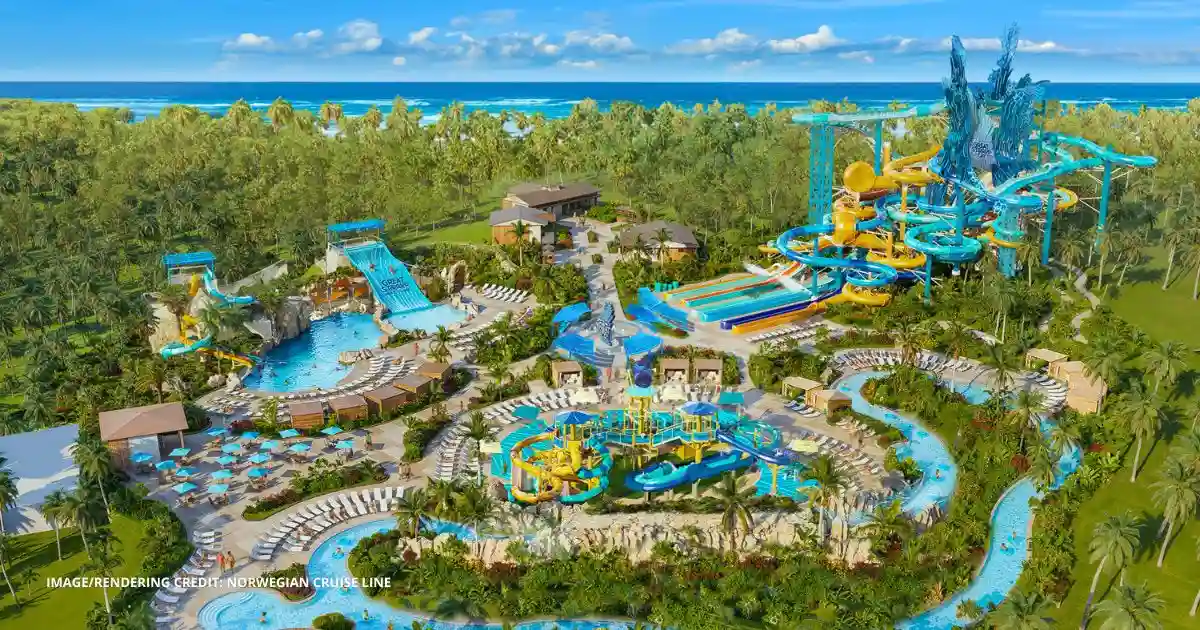 Rendering from Norwegian Cruise Line showing Great Tides Waterpark at Great Stirrup Cay, featured in news about NCL’s Great Stirrup Cay waterpark opening this September.