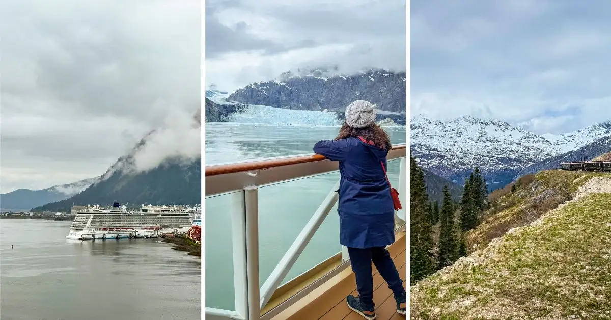 Collage for an Alaska cruise post showing a cruise ship in Juneau, Kathy viewing Glacier Bay from the deck, and the White Pass train route in Skagway.