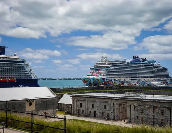 View of Norwegian Aqua and Royal Naval Dockyard from the National Museum of Bermuda at the Bermuda cruise port.
