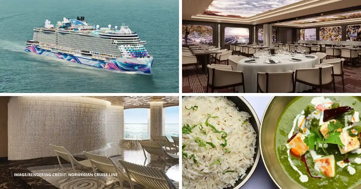 Norwegian Aura cruise ship, the Panorama Room, Mandara Spa Thermal Suite and Indian cuisine featured in a four-image collage.