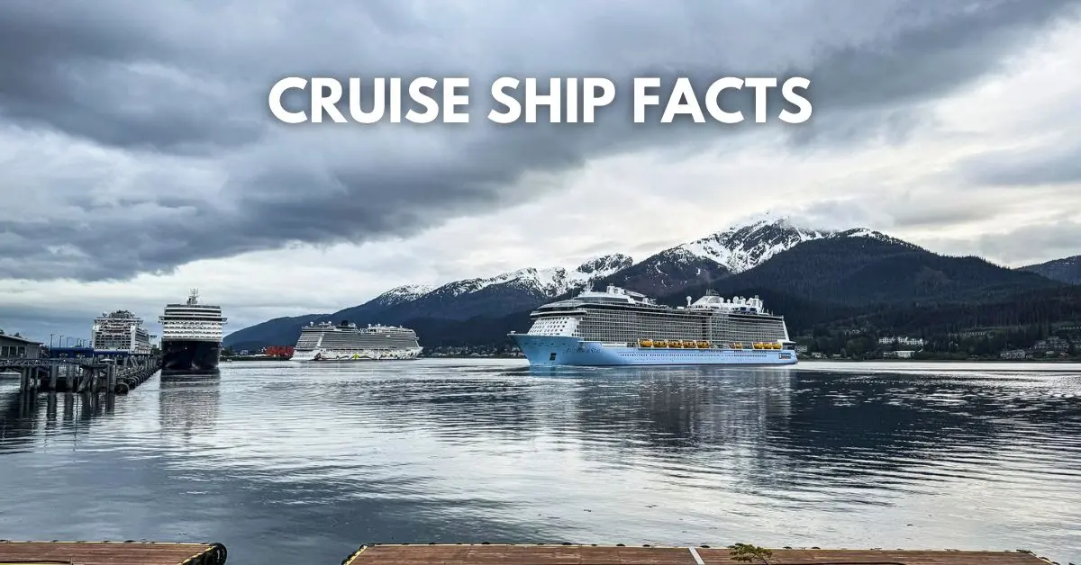 featured blog image: Alaska waterfront with cruise ships, snow-covered mountains, and cloudy skies, with the text “Cruise Ship Facts.”