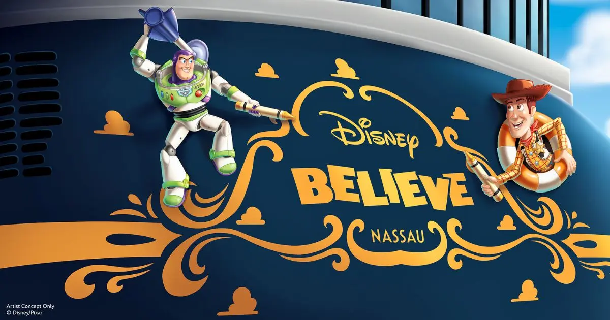 Disney Believe stern concept art featuring Woody and Buzz Lightyear from Toy Story with oversized yellow crayons around the ship’s name.