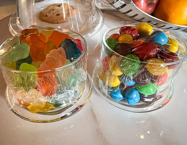 NCL Haven snack setup with gummy bears and M&Ms requested from the butler.