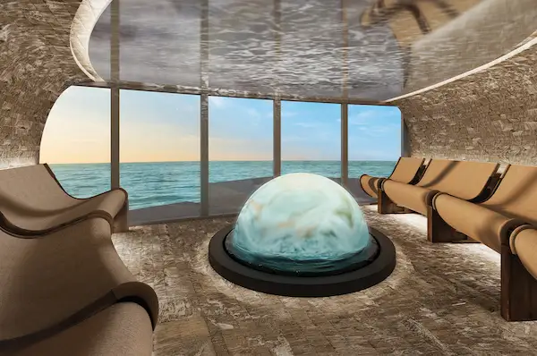 Rendering of Norwegian Aura’s Mandara Spa meditation lounge with ocean views, curved seating and a glowing centerpiece.