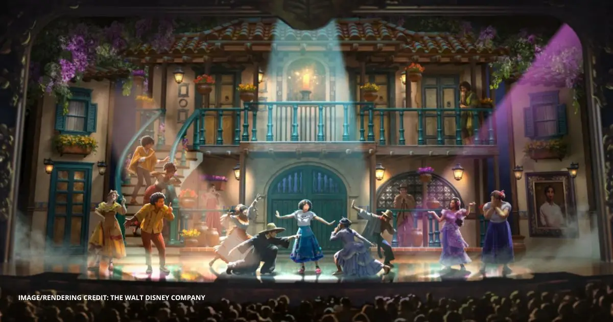 Disney Believe Encanto musical concept rendering featuring Mirabel and the Madrigal family performing onstage in front of Casita, debuting on Disney Cruise Line in 2027.