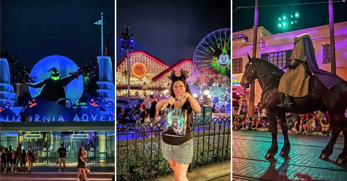 Things that surprised me about Oogie Boogie Bash at Disney California Adventure, featuring the Halloween entrance display, me holding a treat bag, and the Headless Horseman.