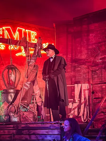Judge Doom from Who Framed Roger Rabbit at the Oogie Boogie Bash treat trail in Disney California Adventure.