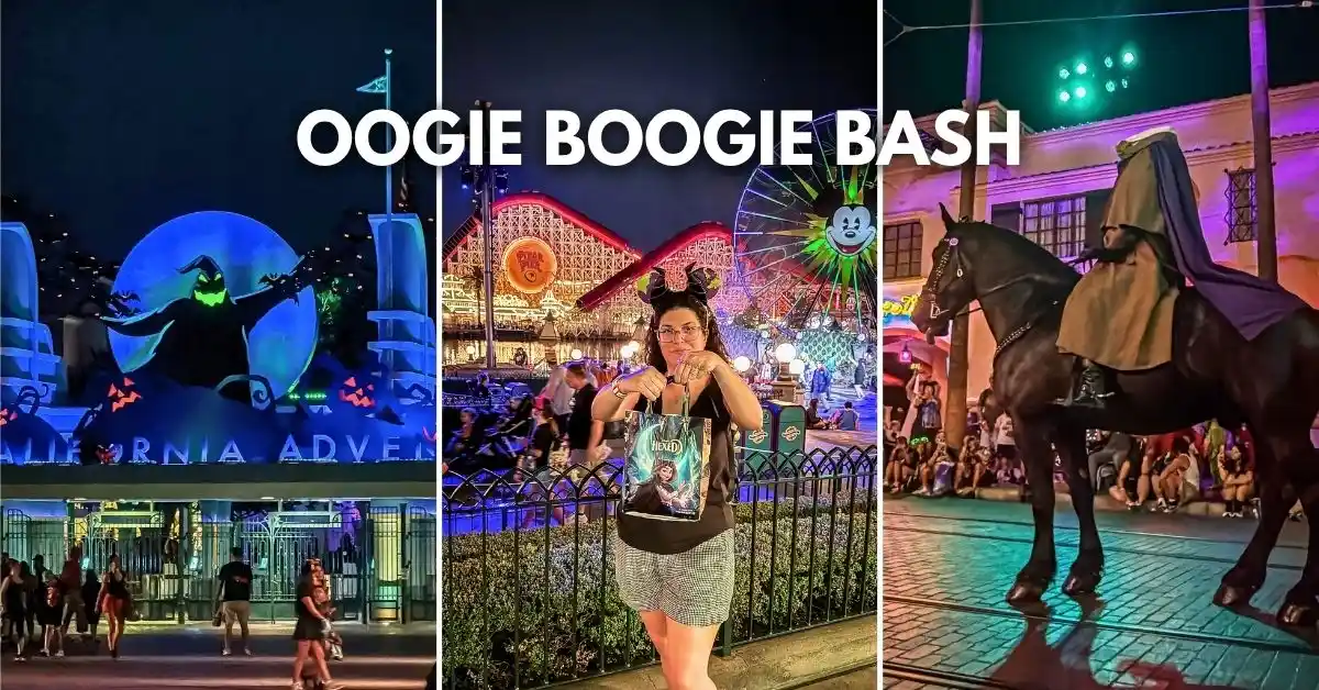 featured blog image: Oogie Boogie Bash at Disney California Adventure, featuring the Halloween entrance display, me holding a treat bag, and the Headless Horseman, with “Oogie Boogie Bash” text overlay.